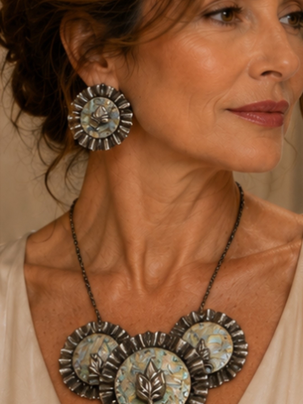 Artisan Silver-Tone Mother-of-Pearl Medallion Necklace & Earrings Set